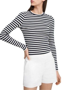 Theory Tiny Striped Ribbed Knit Long‎ Sleeve Tee Black White Women’s Large
